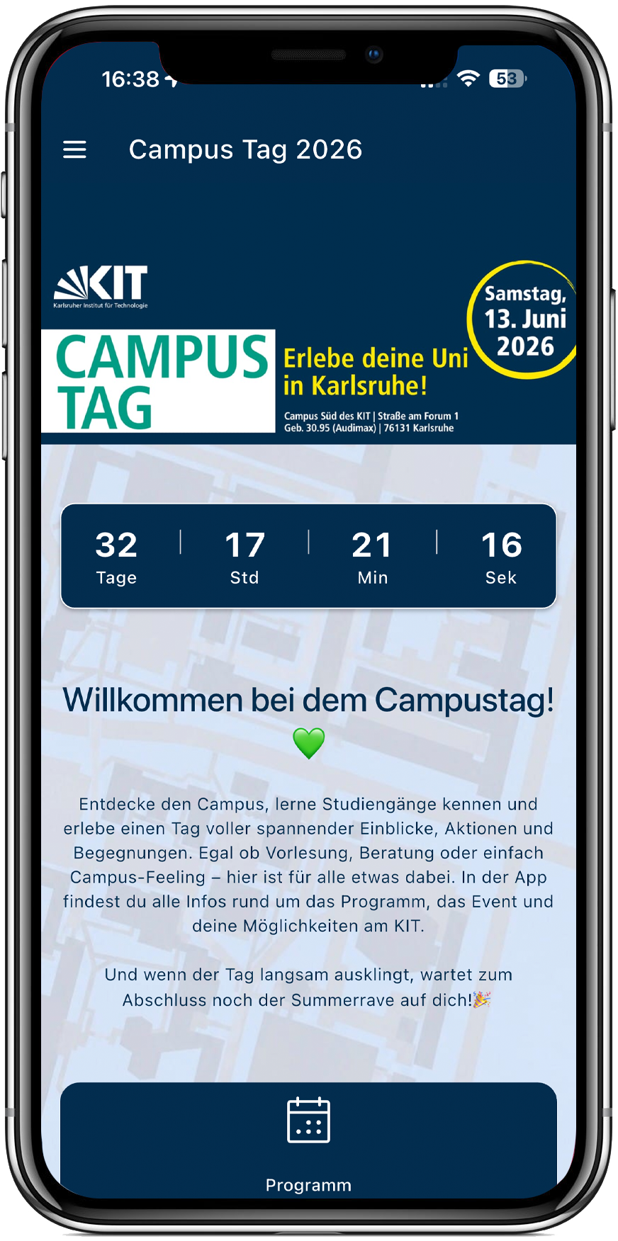 Smartphone-Bildschirm mit Campustag-App des Karlsruher Instituts für Technologie (KIT).